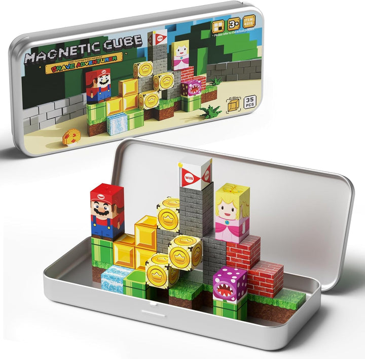Magnetische Bausteine Reisespielzeug für Kinder, Tragbare Eisenbox Magnetische Spielsteine 35 PCS, M