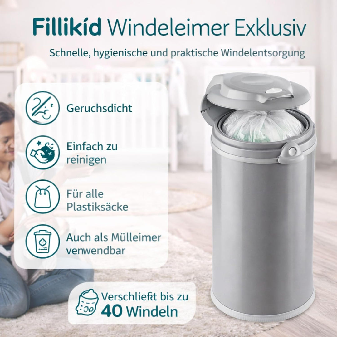 Fillikid Windeleimer Exklusiv | Windeltonne geruchlos | fasst ca. 40 Windel | gross und komfortabel