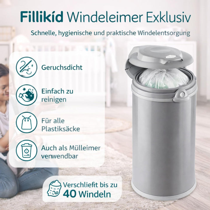 Fillikid Windeleimer Exklusiv | Windeltonne geruchlos | fasst ca. 40 Windel | gross und komfortabel