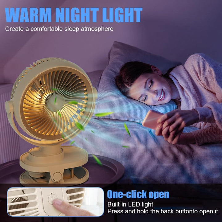 Camping Ventilator mit LED Nachtlicht , Wiederaufladbarer USB-C Klein Clip Ventilator mit Akku, 5 Ge