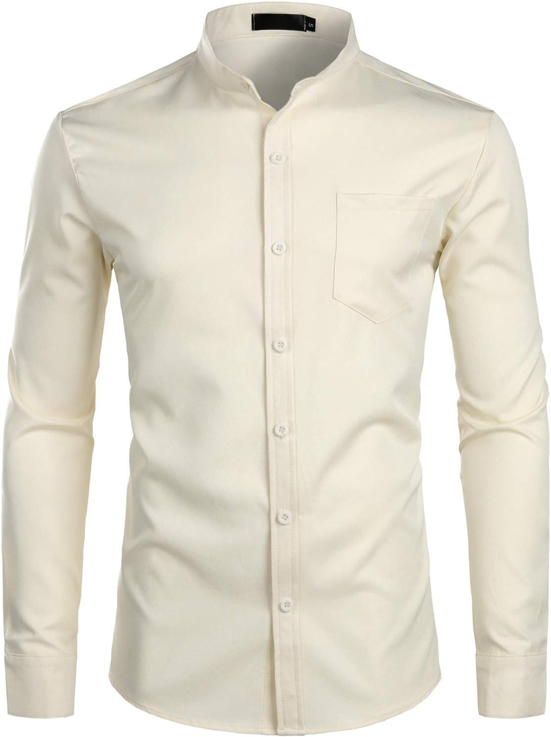 PARKLEES Herren Grandad-Kragen Slim Fit Langarm Casual Button Down Kleid Shirts mit Tasche M Beige,