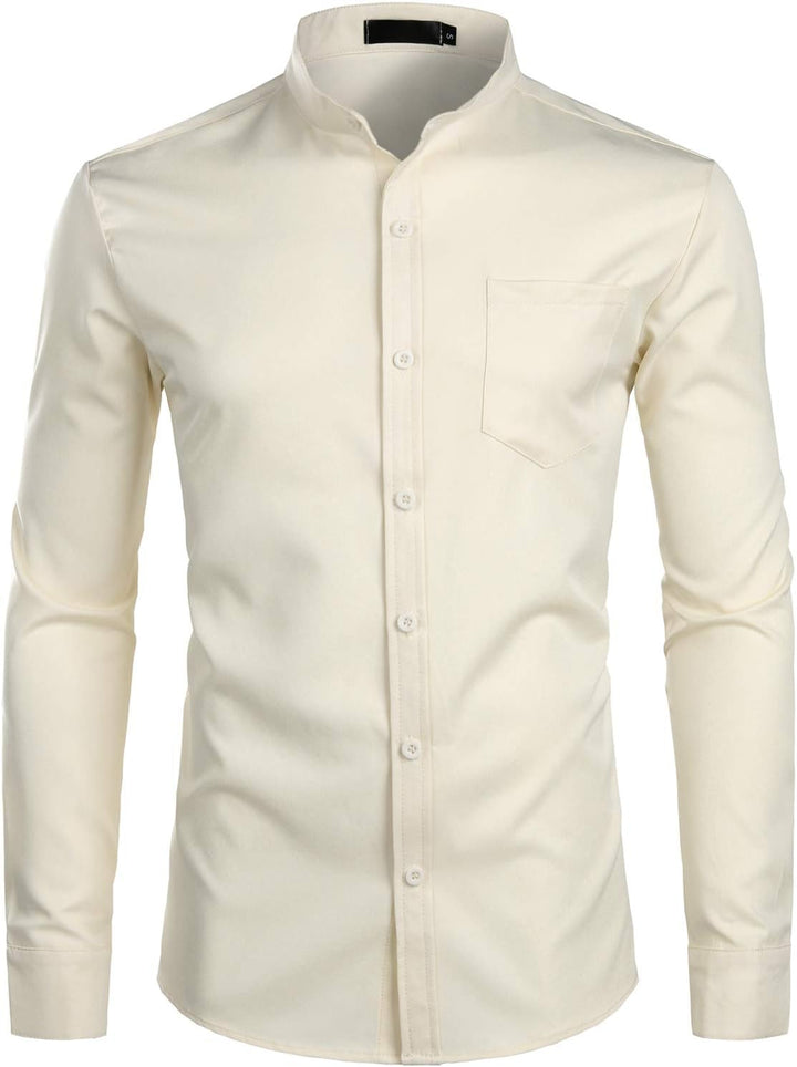 PARKLEES Herren Grandad-Kragen Slim Fit Langarm Casual Button Down Kleid Shirts mit Tasche M Beige,