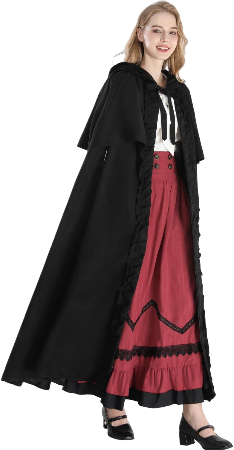 Fiamll Mittelalter Umhang Damen Kapuze Mantel mit Manschette Einfarbige Trenchcoat Renaissance Vampi