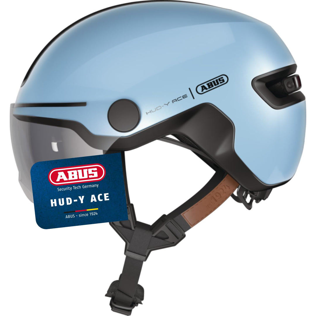 ABUS Stadthelm HUD-Y ACE - stylischer Fahrradhelm mit Visier und magnetischem, aufladbarem LED-Rückl