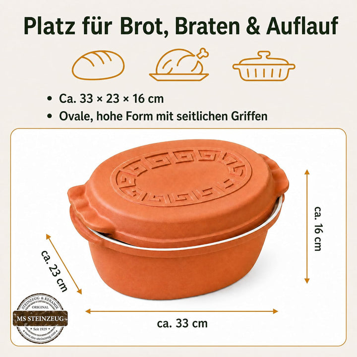 TerraStone Römertopf oval mit Deckel, Tonbräter 33x23cm, Terrakotta Bräter 33 cm, Bräter 33 cm