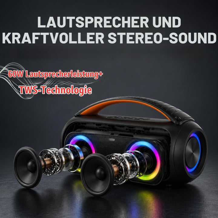 DYNASONIC D93 Tragbarer Bluetooth Lautsprecher IPX7. Kabelloser Outdoor-Lautsprecher. Stereoanlage.