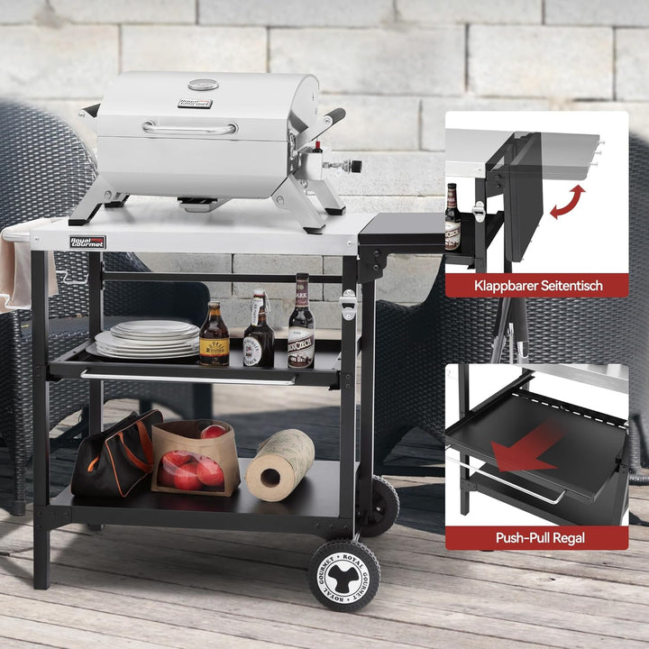 Royal Gourmet Outdoor Grilltisch, 3-Etagen Servierwagen mit 70 x 50 cm Edelstahl Tischplatte und 30