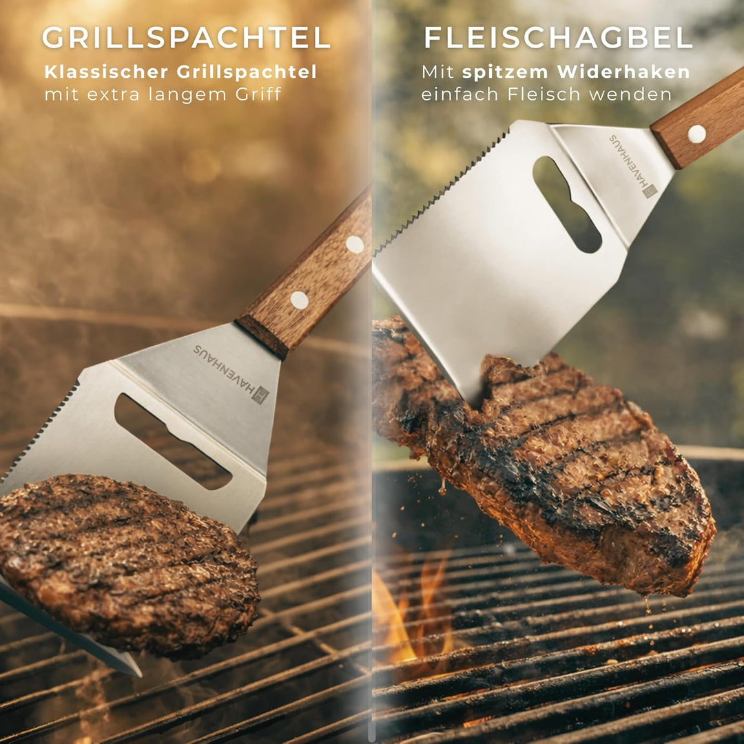 Multi Tool Grillspachtel | 8 in 1 Grillwerkzeug | Der Alleskönner auf dem Grill mit elegantem Akazie