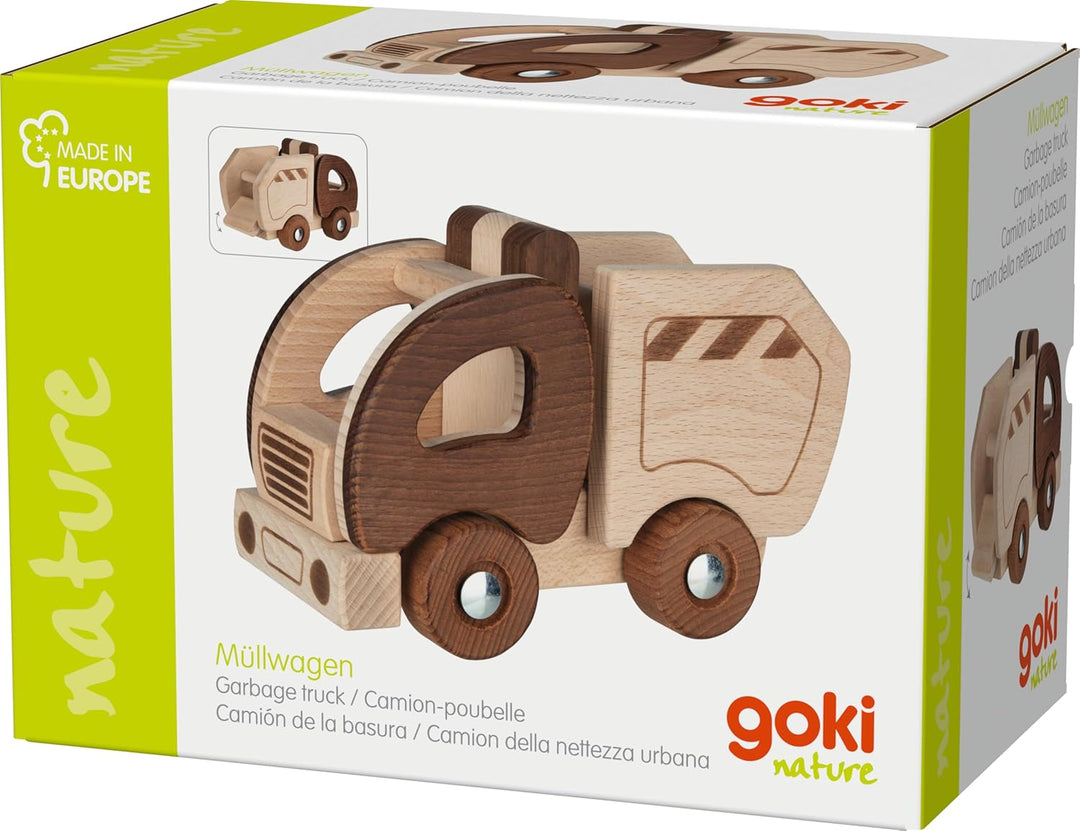 goki 55889 - Müllwagen goki nature - aus massiven robusten Buchenholz - 100% natürlich, ohne Farbe -