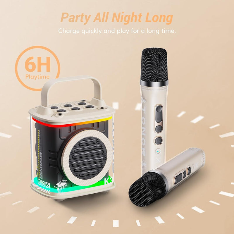 TONOR Mini-Karaoke-Maschine mit zwei kabellosen Mikrofonen, tragbarer Bluetooth-Karaoke-Lautsprecher