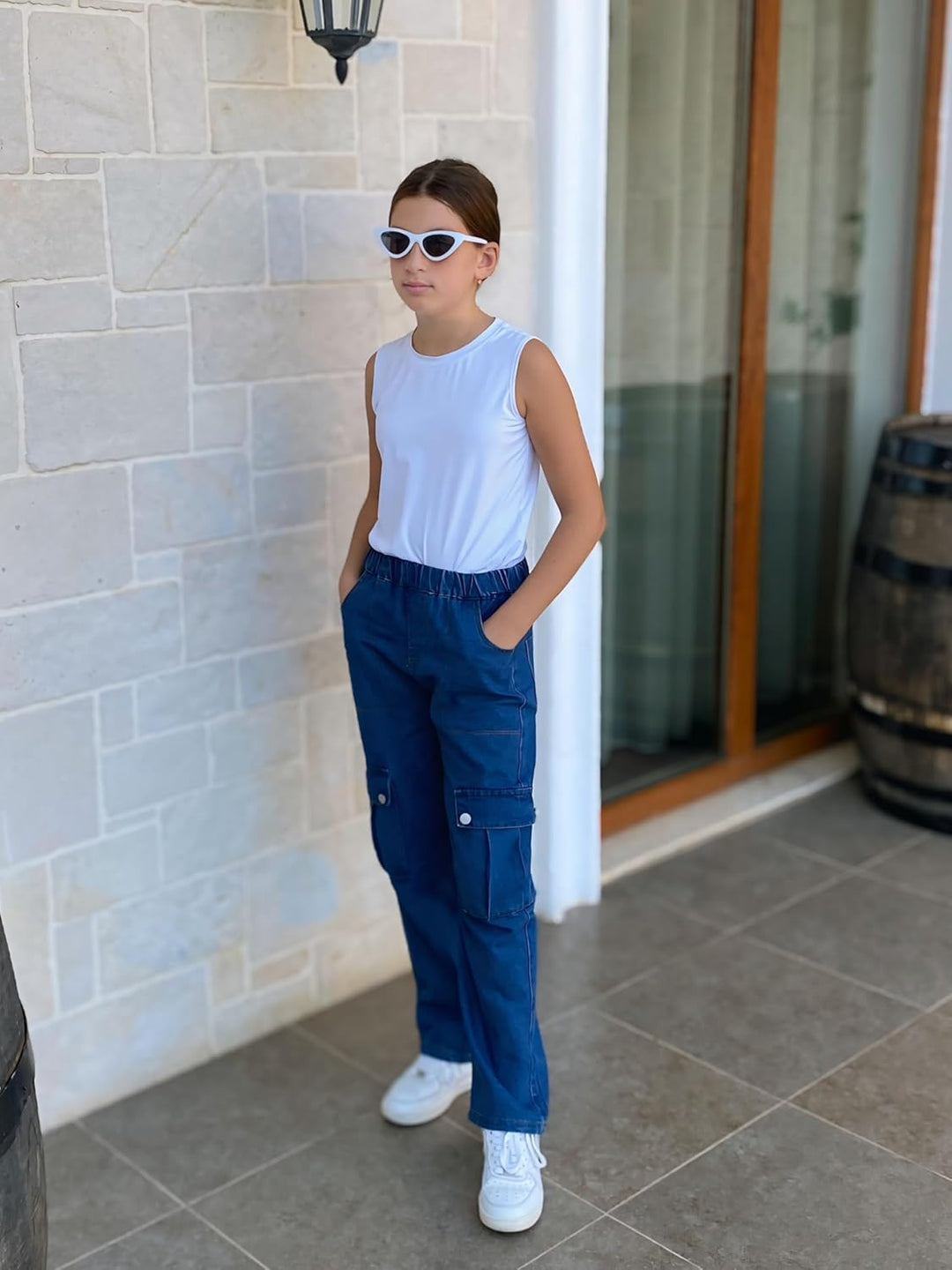 Rolanko Mädchen Jean Hosen Loch Denim Blau Jeans, Vintage Hose mit weitem Bein für Kinder Fit 8-9 Ja