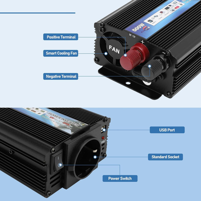 500W Wechselrichter DC 12V auf 220-230V Spannungswandler Auto Steckdose Stromwandler, Adapter Zigare