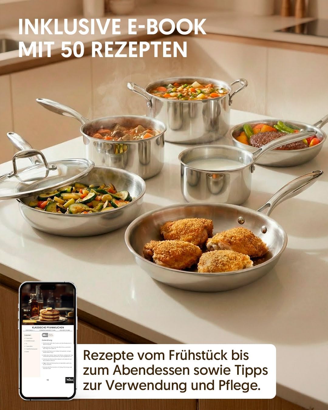 La Moustache - Topf- und Pfannenset 10-teilig aus Edelstahl ohne Beschichtung, 3 Töpfe mit Glasdecke