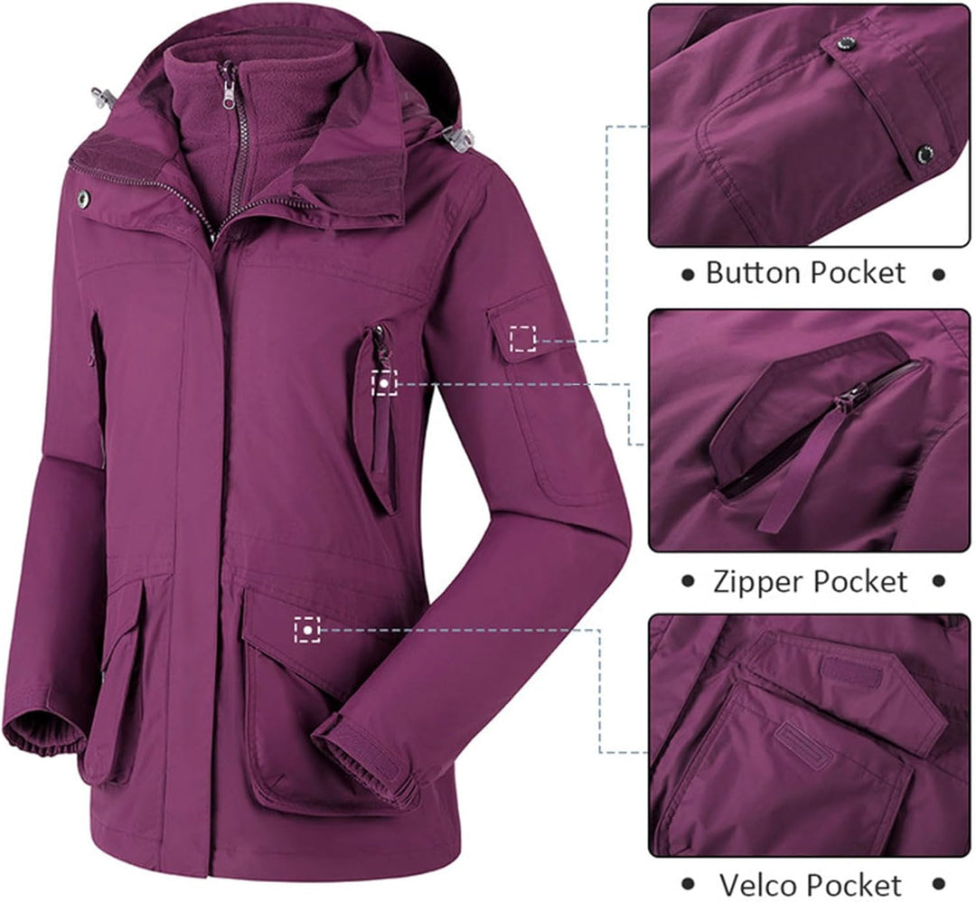 OutPro Damen 3-in-1-Skijacke wasserdicht winddicht Winterjacke Outdoor Wandern mit Fleece gefüttert