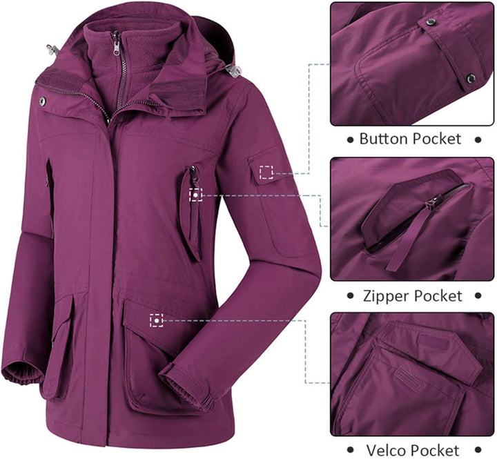 OutPro Damen 3-in-1-Skijacke wasserdicht winddicht Winterjacke Outdoor Wandern mit Fleece gefüttert