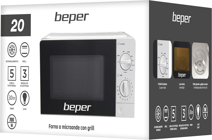 BEPER P101FOR001 Mikrowelle 20 l mit Grill, 700 Watt, einstellbarer Timer, 5 Leistungsstufen, 3 Koch