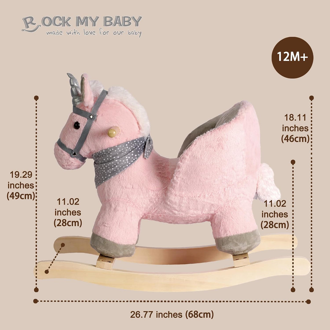 Plüsch Rocking Horse - weicher gefüllter Körper, Sicherheitssitz Stuhl, Holz Rockers, Musikknopf - K