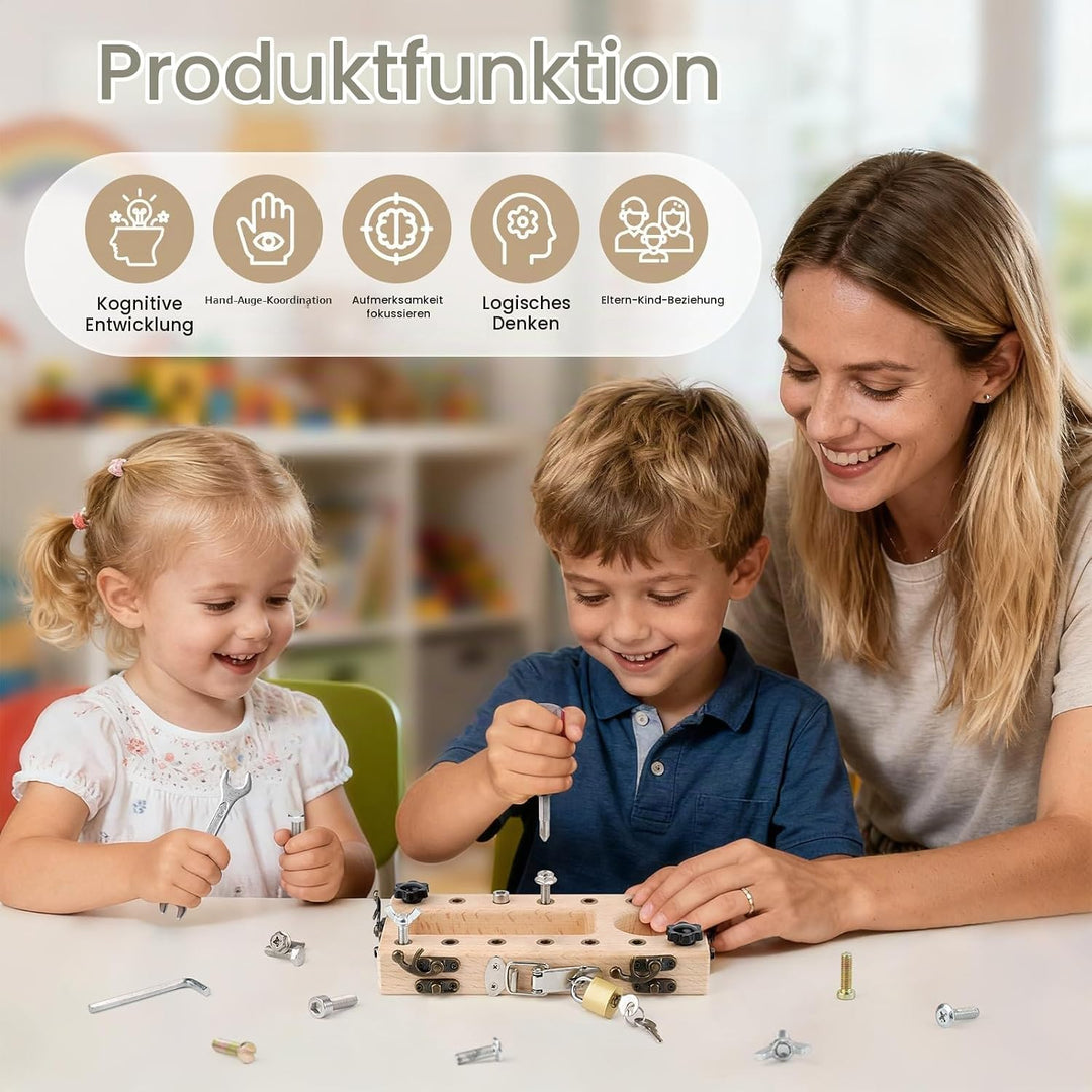 Montessori Spielzeug ab 3 4 5 Jahre, Motorikspielzeug Holz Schraubbrett, Busy Board mit Schlüssel Sc