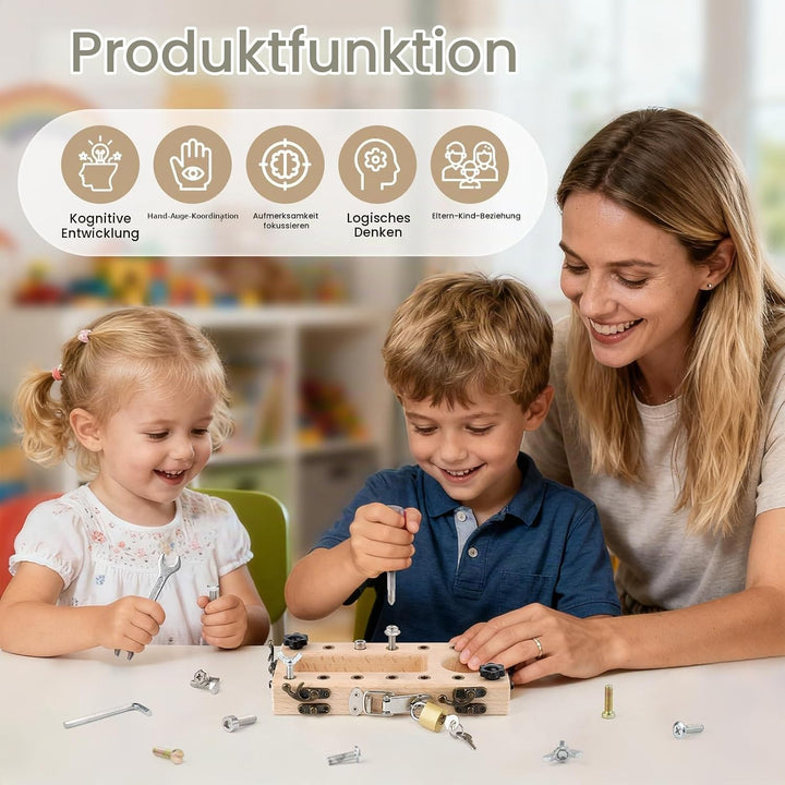 Montessori Spielzeug ab 3 4 5 Jahre, Motorikspielzeug Holz Schraubbrett, Busy Board mit Schlüssel Sc
