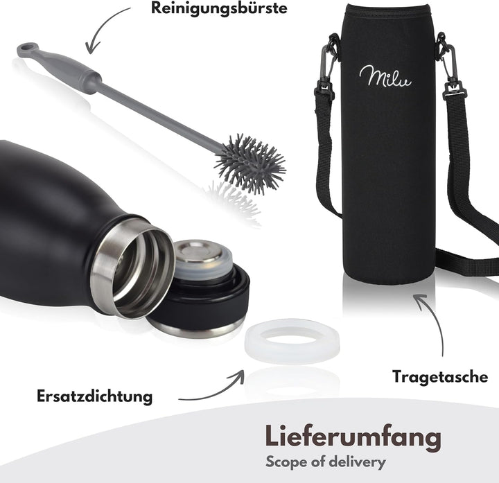 Milu Edelstahl Trinkflasche 500ml, 750ml, 1L, 1,5L – Thermosflasche, Isolierte Wasserflasche, Auslau