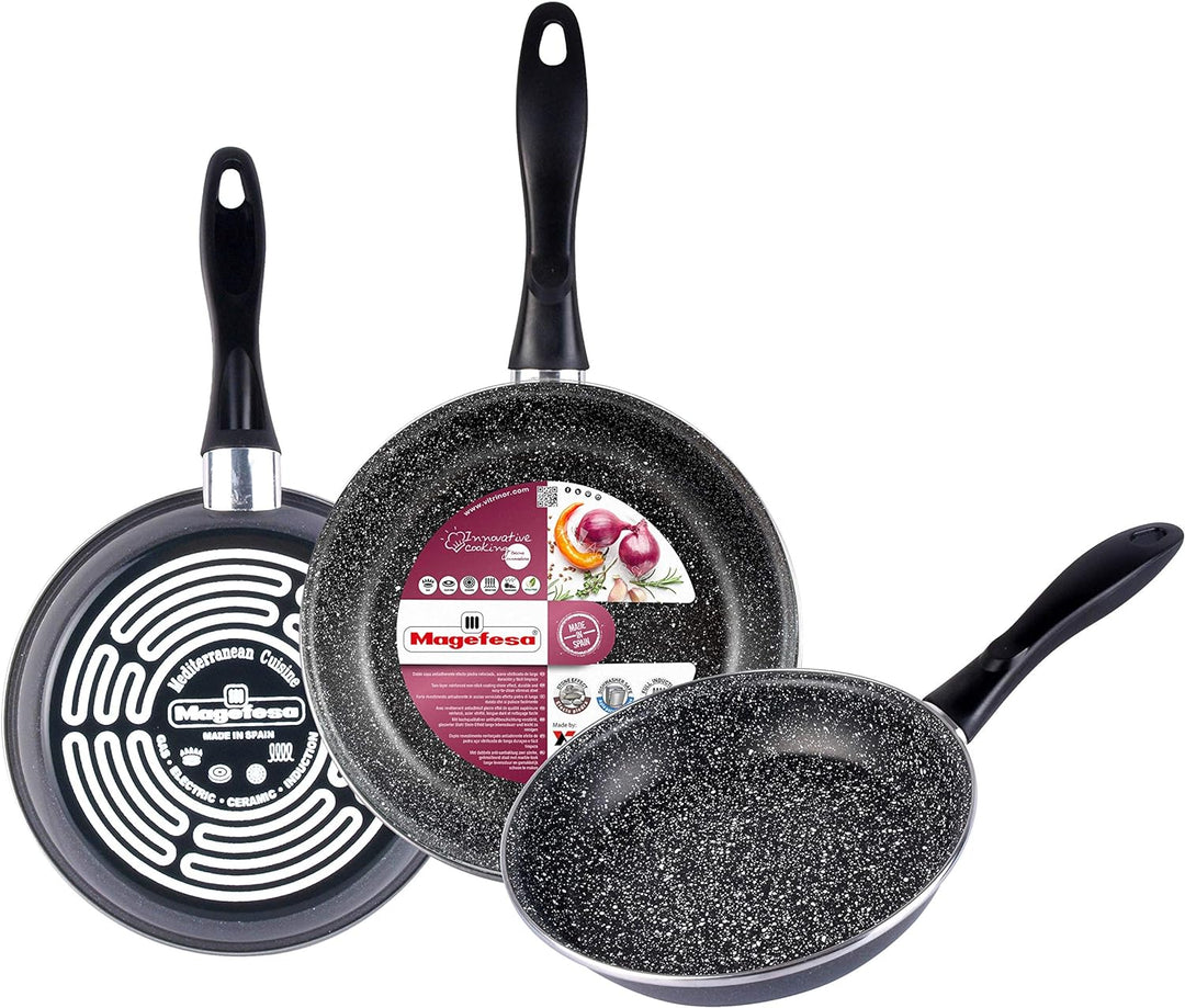 MAGEFESA K2 Gransasso Set mit 3 Bratpfannen (18/20/24) cm aus verglastem Stahl, grau melierte Aussen