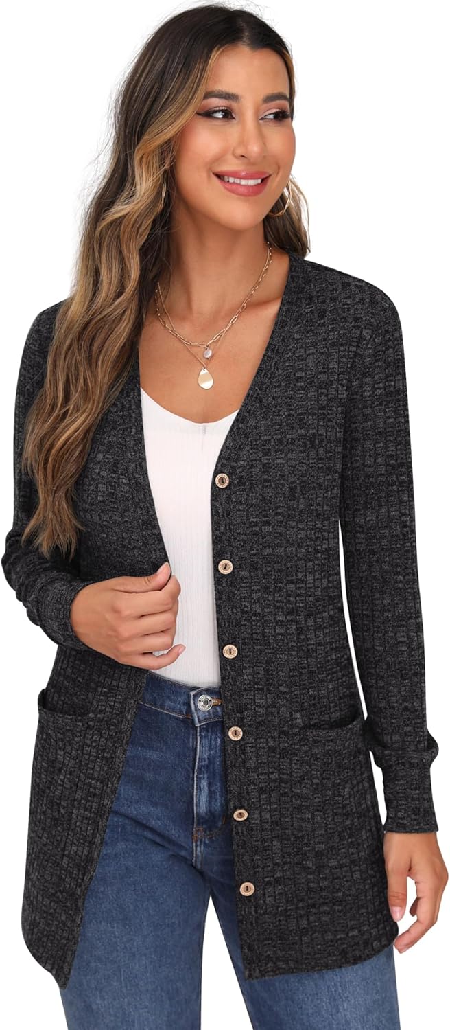 GRECERELLE Damen Leichte Strickjacke Lang mit Taschen und Knöpfen Long Elegant Cardigan V-Ausschnitt