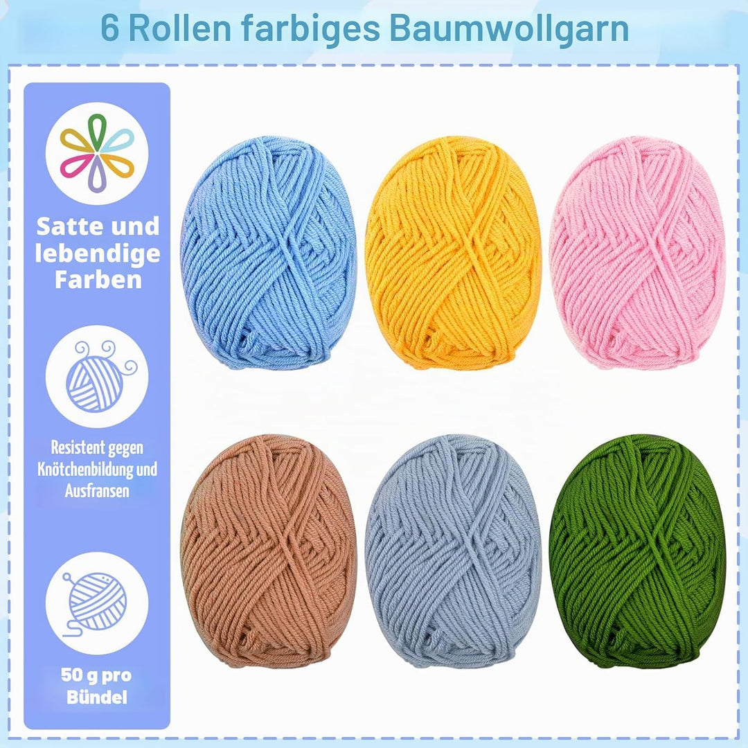 NAMIS Sorgenwürmchen Häkeln Set,Glückswürmchen Häkel Set mit Anleitung,40 Holzkugeln mit Gesicht 20m