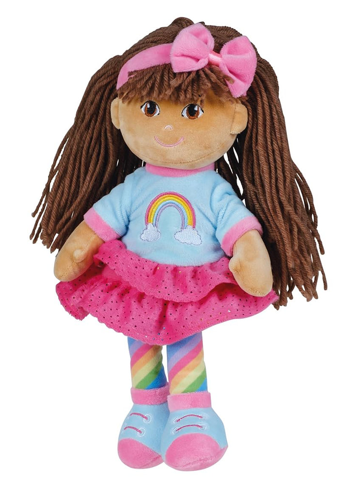 Schlenkerpuppe Mia, ca. 30 cm gross, Stoffpuppe mit Haarschleife und Outfit im Regenbogendesign, ges