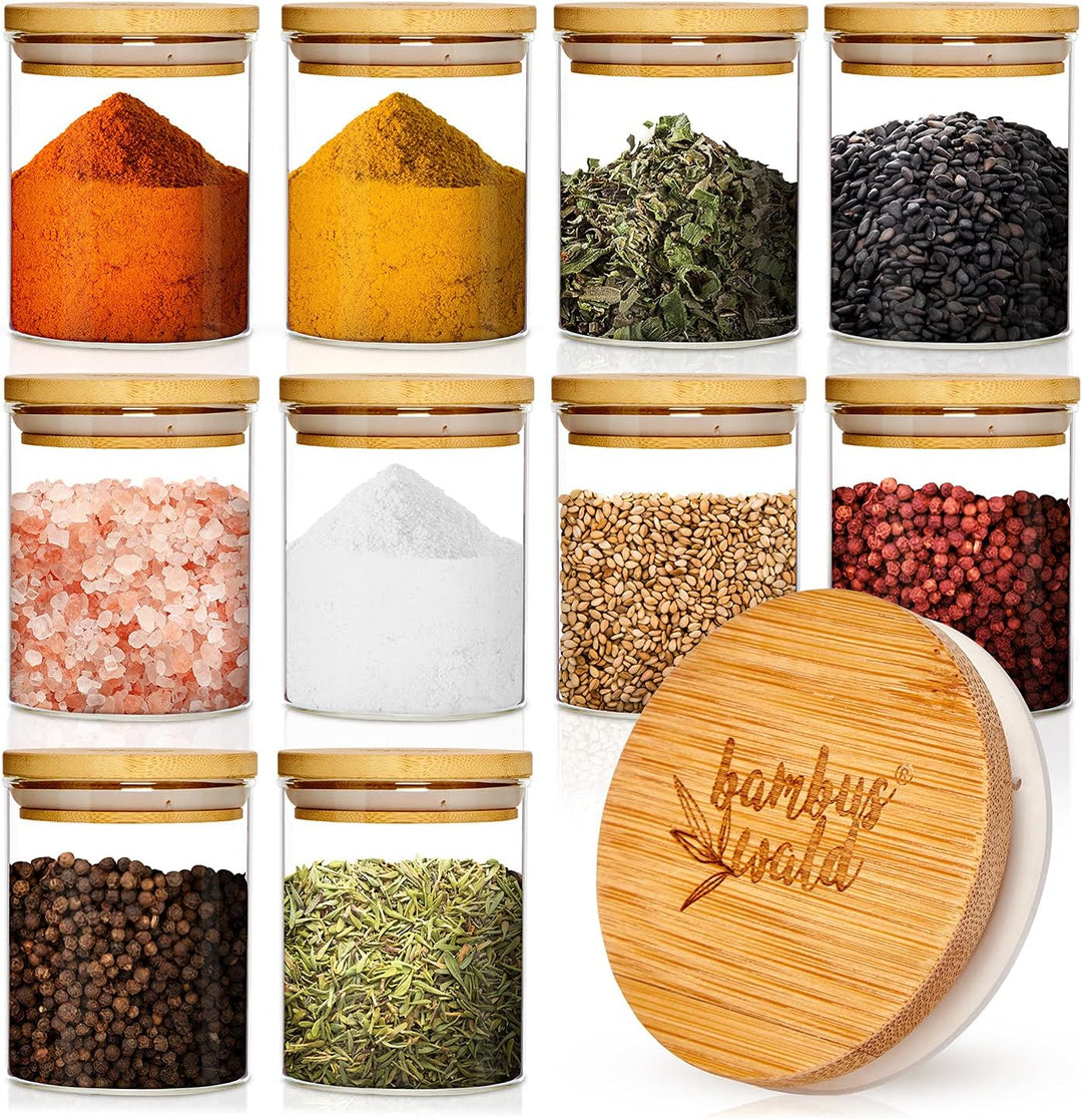 bambuswald© Gewürzgläser Set 10 Stück - Gewürzdosen mit je 150ml Volumen, inkl. luftdichten Bambus-D