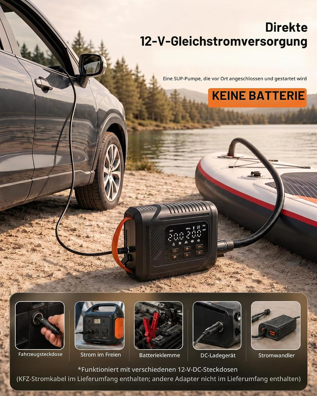 Elektrische SUP Pumpe 20 PSI, mit 12V-DC-Autoanschluss, ohne Akku | Betrieb über 12V-DC-Autosteckdos