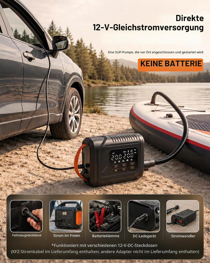 Elektrische SUP Pumpe 20 PSI, mit 12V-DC-Autoanschluss, ohne Akku | Betrieb über 12V-DC-Autosteckdos