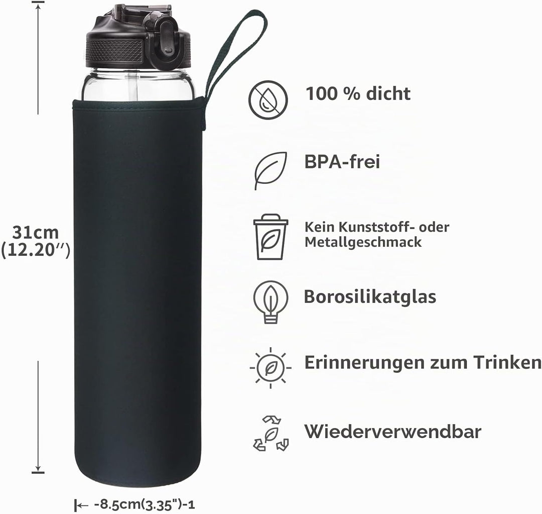 Reeho 1 Liter Borosilikat Glasflasche mit Strohhalm, 1000ml Trinkflasche Glas Wasserflasche mit Zeit