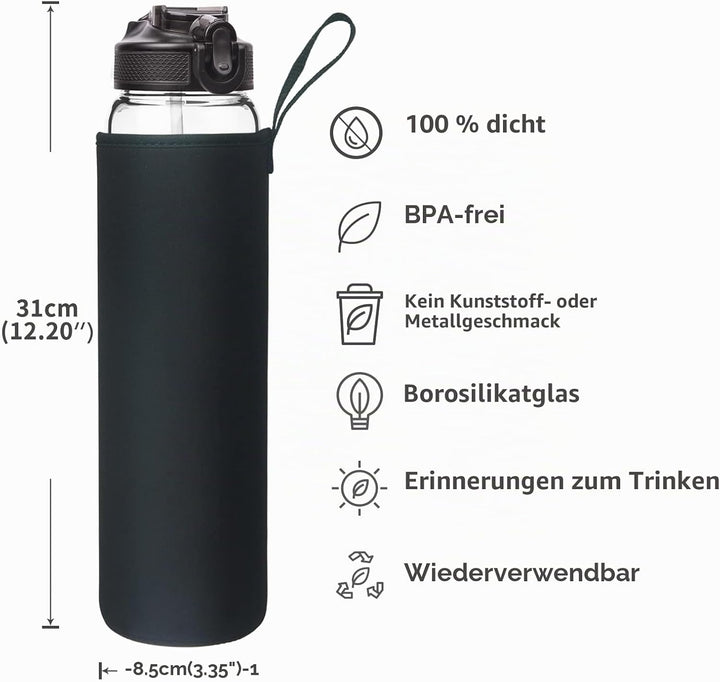 Reeho 1 Liter Borosilikat Glasflasche mit Strohhalm, 1000ml Trinkflasche Glas Wasserflasche mit Zeit