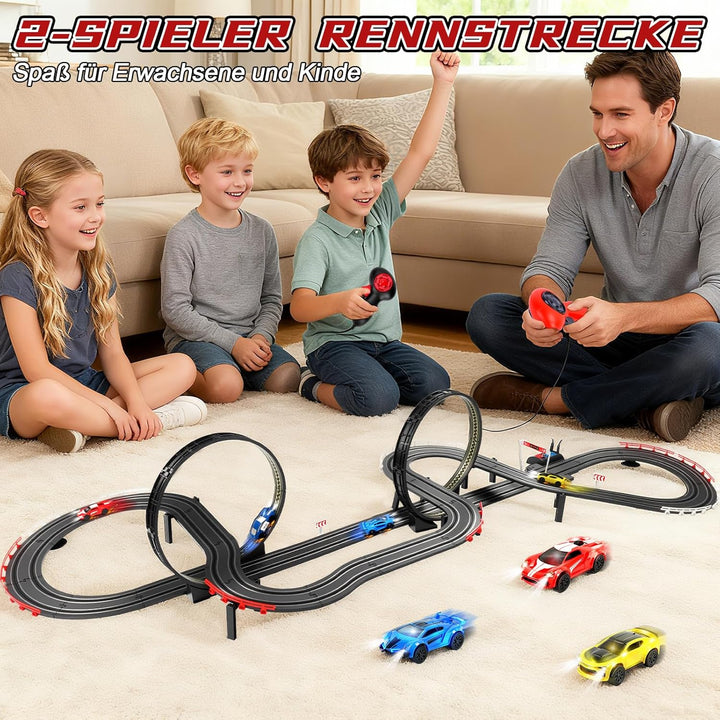 Autorennbahn Rennbahn Kinder, 1:64 Autobahn Duale Elektrische Rennstrecke - 4 LED Autos, Rundenzähle