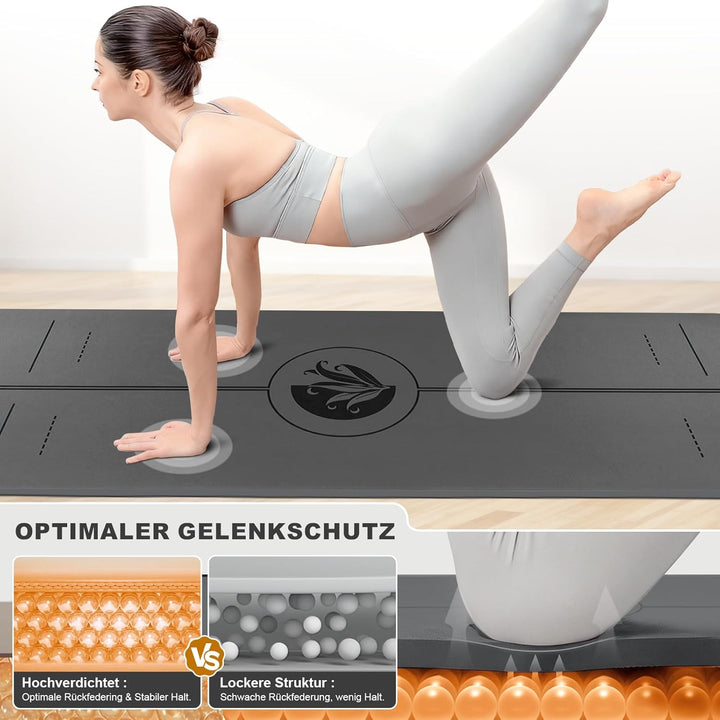 Yogamatte aus ECO Naturkautschuk & Hhautfreundlichem TPE, Extrem Rutschfest, Ausrichtungslinien, Ein