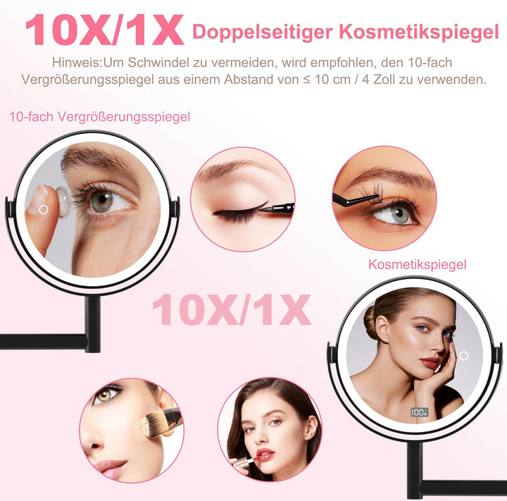 AIMAX Kosmetikspiegel mit Beleuchtung, 2000mAh Wiederaufladbarer Wandspiegel mit 1X &amp; 10X Vergrösser
