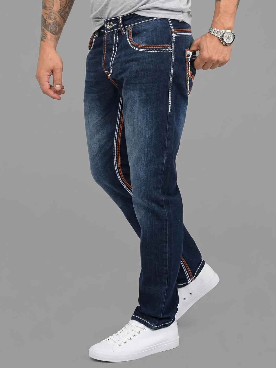 Rock Creek Herren Designer Jeans Hose Dicke Nähte Vintage Blau RC-2056 40W / 34L Dunkelblau - Rc-216
