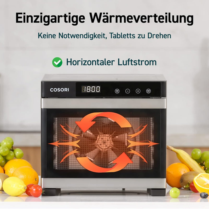 COSORI Dörrautomat edelstahl, Food Dehydrator mit 50 Rezepte, inkl. 6 Edelstahl-Dörrtabletts, 3 Dörr