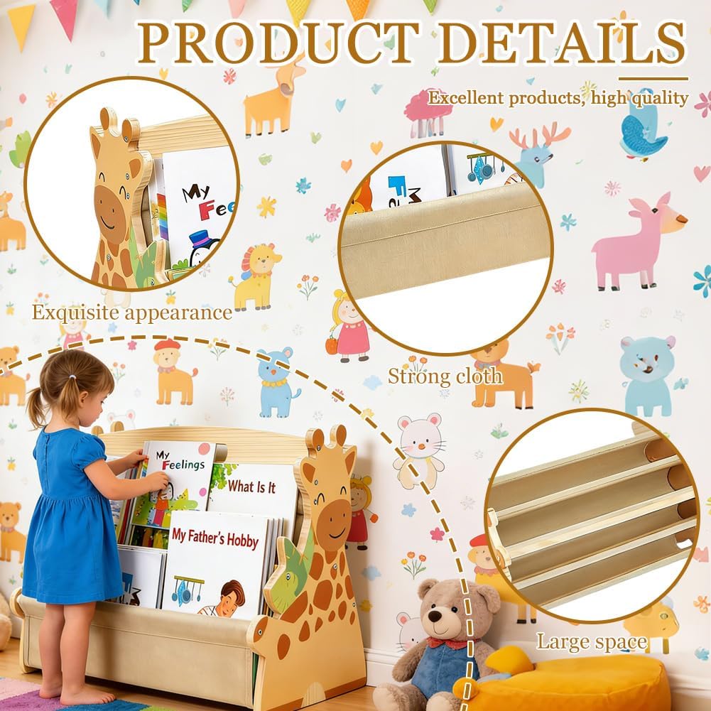 Bücherregal Kinder, doppelseitiges Holzregal mit robusten Canvas-Taschen, mit geschwungenen Kanten,