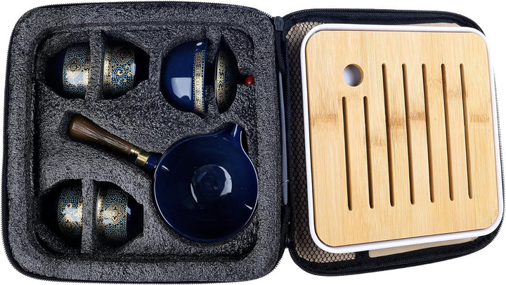 fanquare Porzellan Tragbares Reise Tee Set, Gold Blumen Muster, 4 Tassen, Teekanne und Bambus Tee Ta