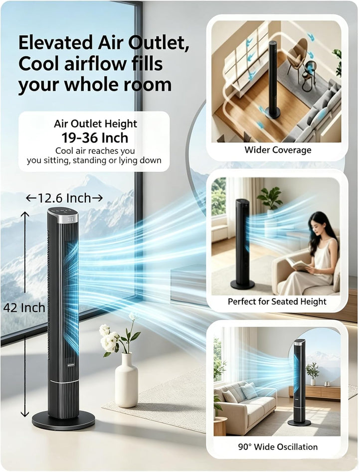 Leiser Ventilator, 25dB Smart Turmventilator, 90° Oszillation Tower Fan, 4 Stufen, 12H Timer Turmven