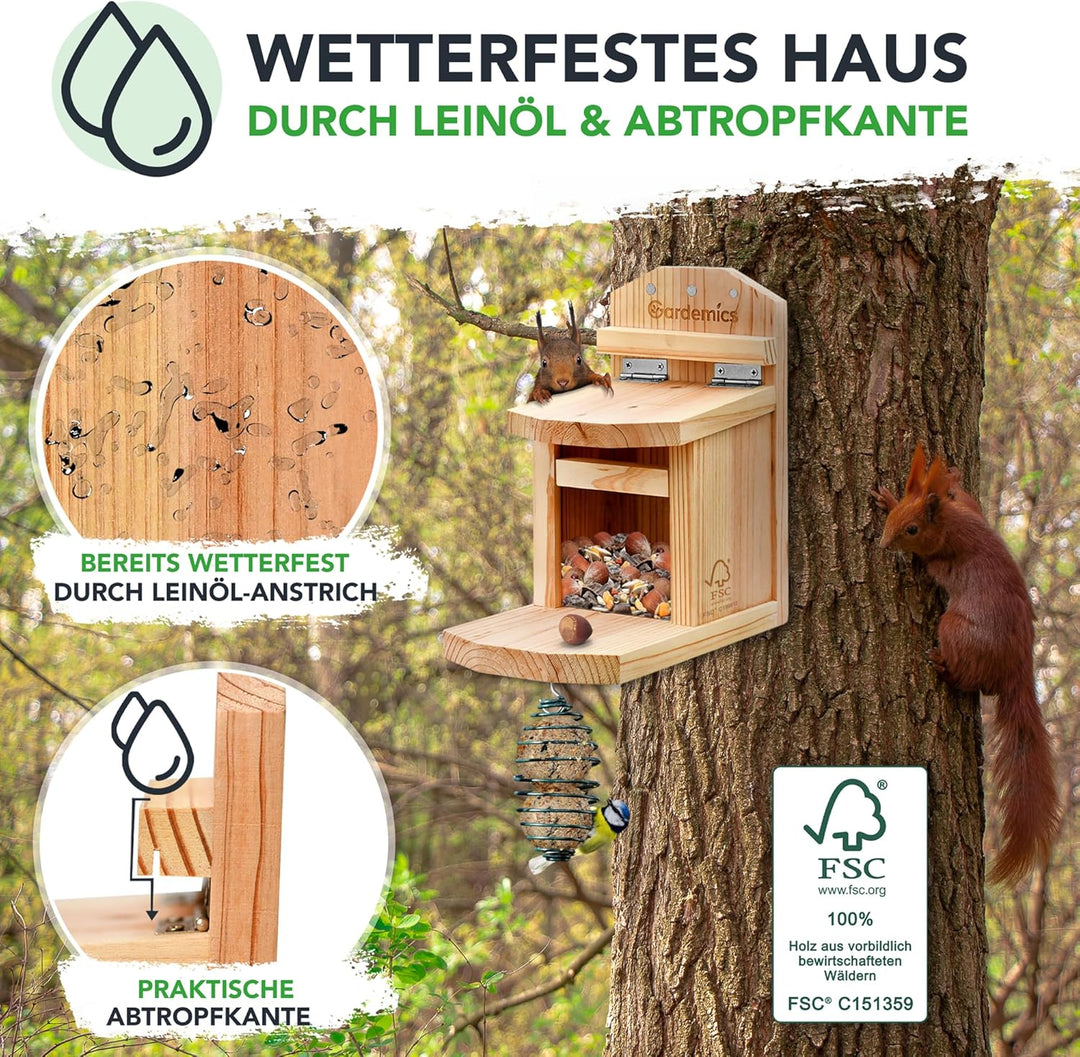 Gardemics Eichhörnchen Futterhaus wetterfest - Stabiles Eichhörnchen Haus aus verschraubtem Holz mit