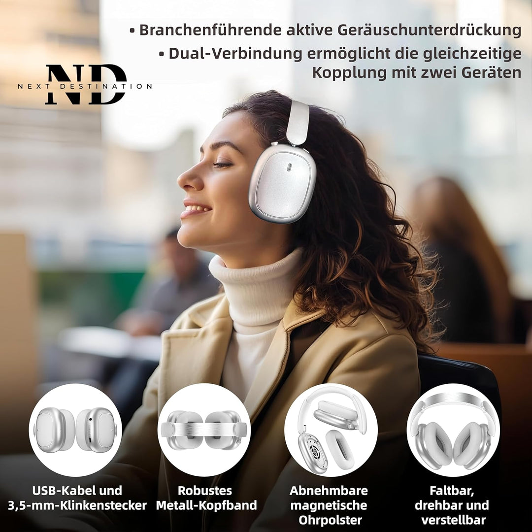 Next Destination ND905-ANC Kabellose Kopfhörer mit Bluetooth 5.4 aktive Geräuschunterdrückung 40 Stu