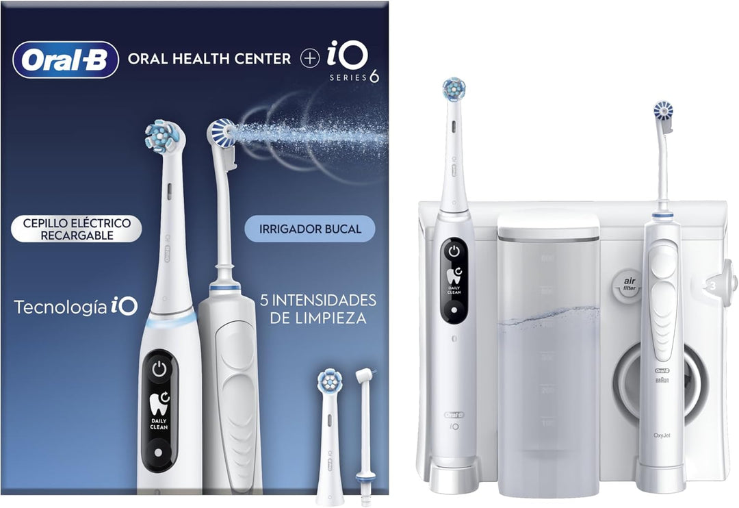 Oral-B Oral Health Center Munddusche mit Oxyjet-Technologie für Zahnreinigung, 2 Ersatzdüsen &amp; iO Se