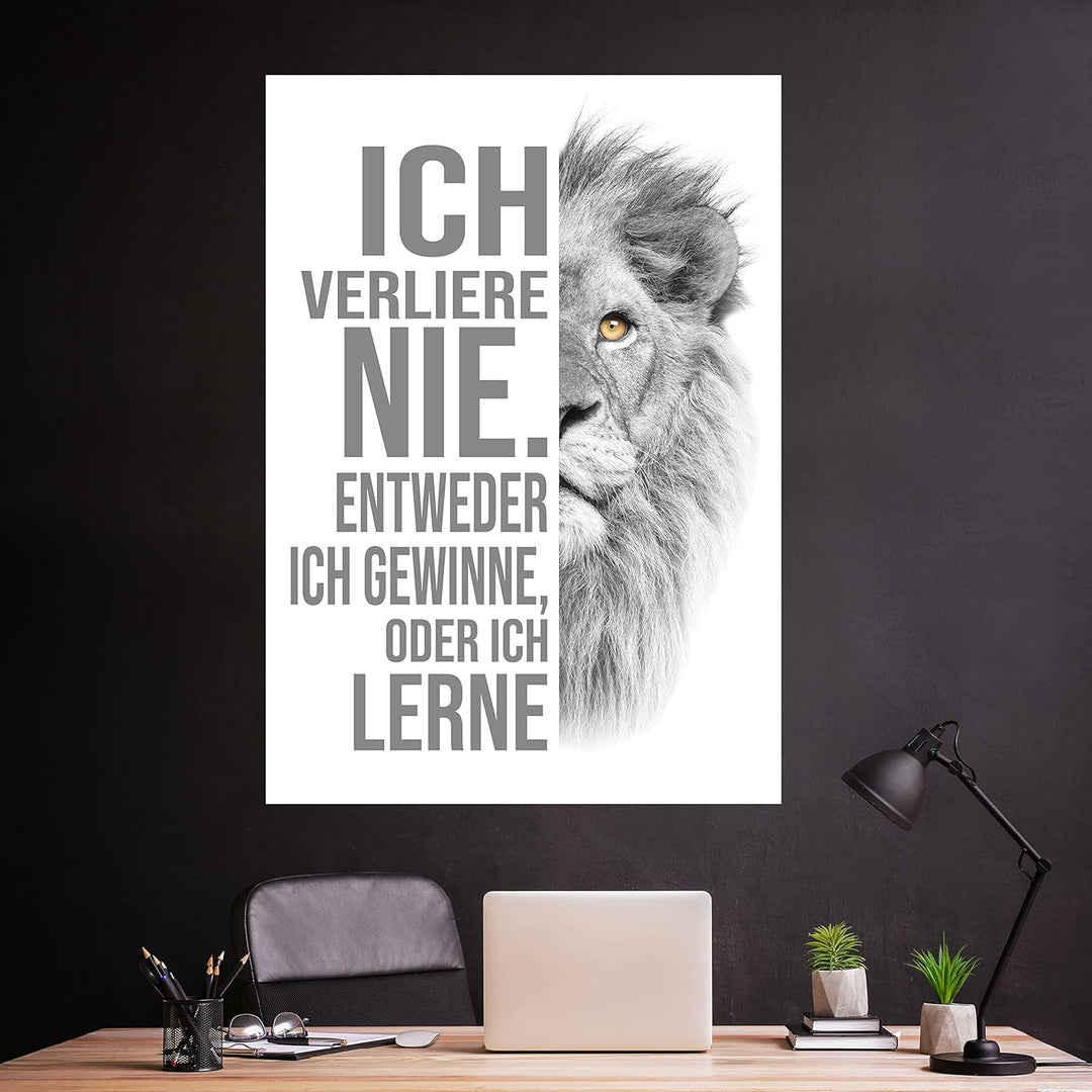 wandmotiv24 Poster als Wanddeko, Grösse Din A0, ich verliere nie, Weiss, Löwe, Moderne Wanddeko, Wan