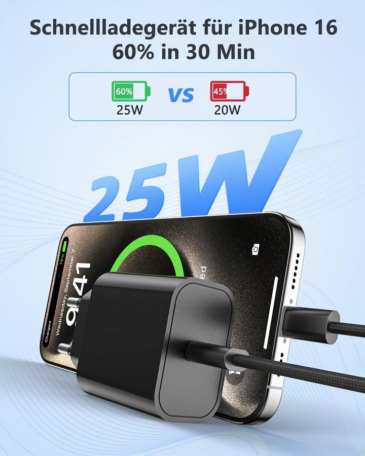 2-Pack 25W iPhone Ladegerät, USB C Stecker Schnellladegerät mit Kabel 2M, Netzteil für iPhone 17/17