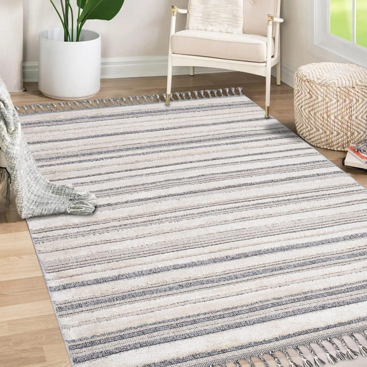 payé Teppich Wohnzimmer - Meliert - 80x150cm - Creme Grau Blau - Hochtief Effekt - Fransen Deko Boho