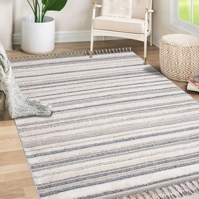 payé Teppich Wohnzimmer - Meliert - 120x170cm - Creme Grau Blau - Hochtief Effekt - Fransen Deko Boh