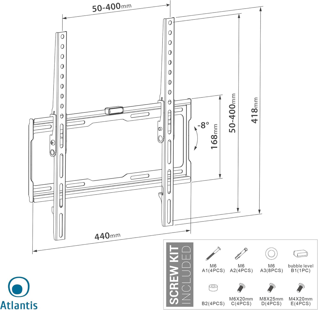 Atlantis P022-286ST TV-Wandhalterung neigbar, Wandhalterung für Fernseher von 32 bis 60 Zoll, max. 3