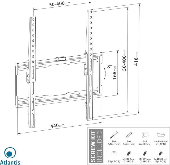 Atlantis P022-286ST TV-Wandhalterung neigbar, Wandhalterung für Fernseher von 32 bis 60 Zoll, max. 3
